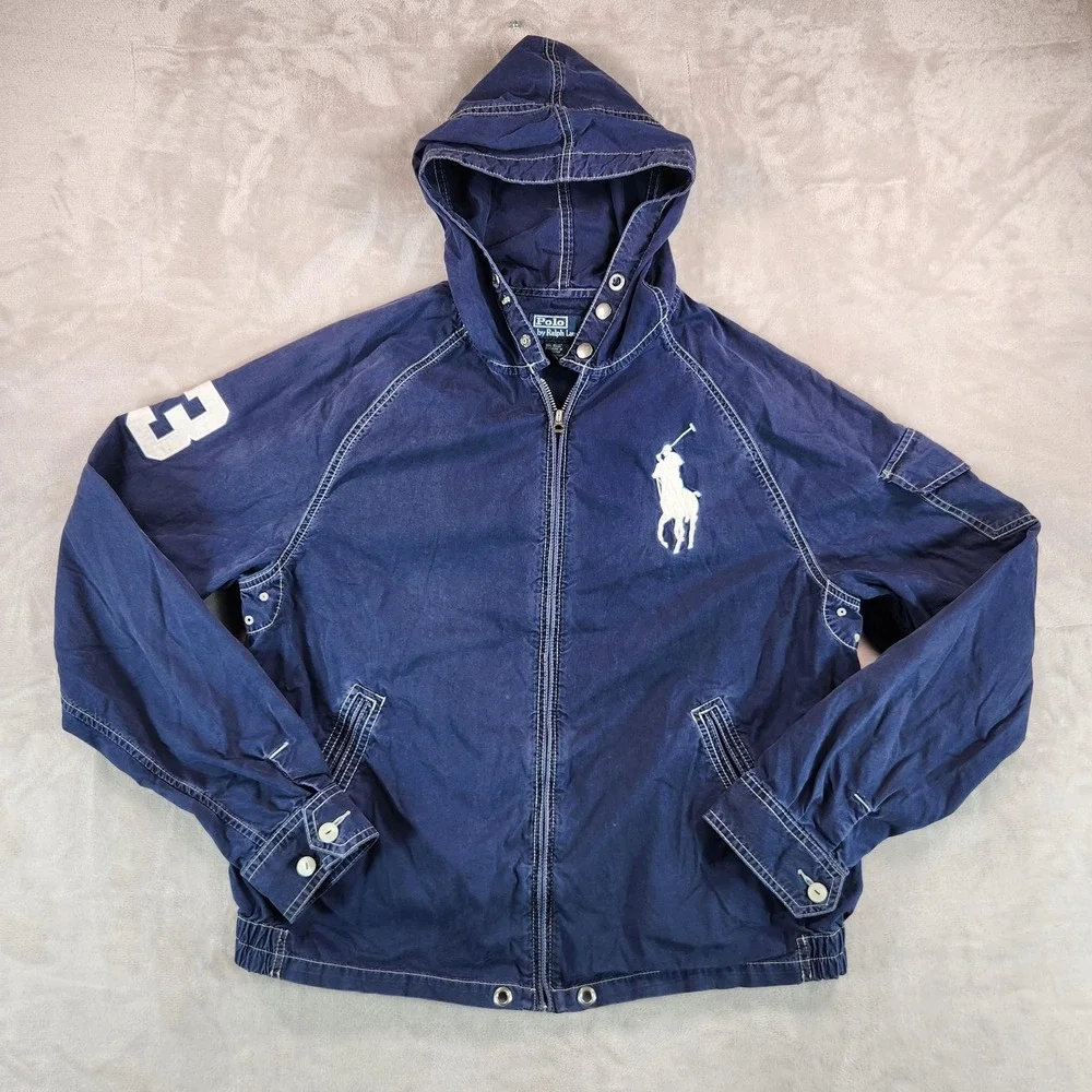 Polo Ralph Lauren Jacket Mens Large Blue Hooded Swimwear Windbreaker Full Zip